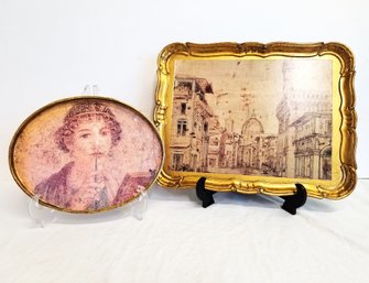 Vintage Decorative Florentine Gold Framed Wood Tray & Oval Decoupage Art Tray