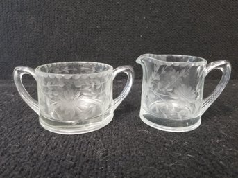 Vintage Etched Glass Creamer & Open Sugar Bowl Daisy Design