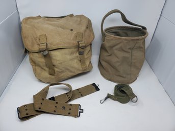 US Military Rucksack, Canvas Pail, Belt, And Strap