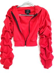 Women's Red Cropped Hooded Jacket With Ruched Sleeves: RF Premier Collection
