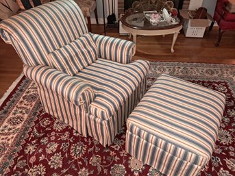 Very Clean Striped Club Chair With Matching Ottoman - Great Pattern And Design