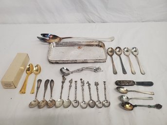 Assorted Silver Plate & Brass Vintage & New Small Tray & Variety Of Spoons & More