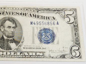 1934C  $5 Blue Seal Silver Certificate  Bill / Note (90 Years Old)