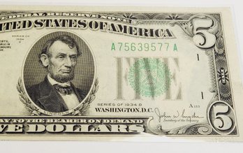 $5 Bill Series Of 1934 D (90 Years Old) Federal Reserve Note