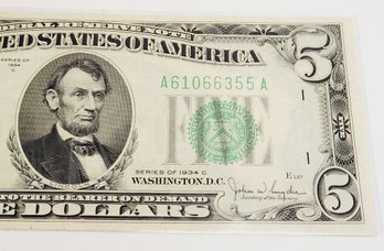 1934C  $5 Federal Reserve  Bill / Note(90 Years Old)