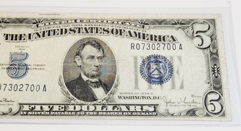 1934 D $5 Blue Seal Silver Certificate  Bill / Note (90 Years Old)