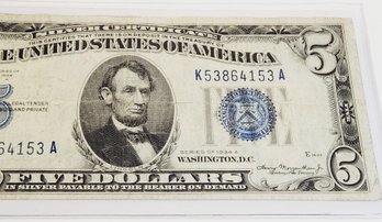 1934 A  $5 Blue Seal Silver Certificate  Bill / Note (90 Years Old)