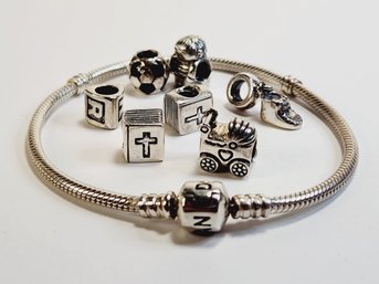PANDORA Sterling Silver .925  Snake Chain Barrel Clasp Charm Bracelet With 7 Charms