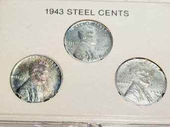 *3 1943 Steel Cents In Display Case ) P,D, & S WWII