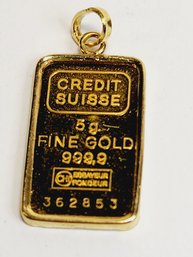 .999 Pure GOLD Bar 5 Grams CREDIT SUISSE  In 14k  Pendant Bezel