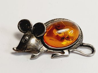 Vintage Unique Sterling Silver AMBER Cute Mouse Pin/ Brooch