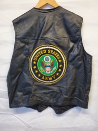 Vintage Men's K&S Size 2XL Black Leather Vest With United States Army Patches
