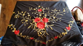 Black Fringe, Red Rose Embroidered Dress Shawl/Wrap