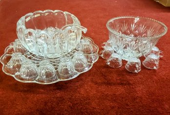 Two Sets Of Glass Punch Bowls (one With Platter) And Cups