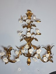 Large Vintage Italian Gold Tole Metal Floral Candle Wall Sconce