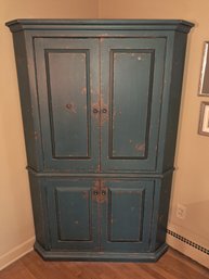 Country Style Blue Distressed Painted Corner Cabinet Entertainment Center - Great For Storage
