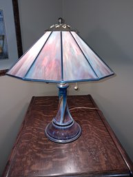 Striking Leaded Glass Shade Lamp With Artistic Pottery Base - Must See