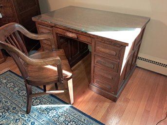 Antique Quarter Sawn Oak Office Desk With Glass Top And Desk Arm Chair - Great Work Station