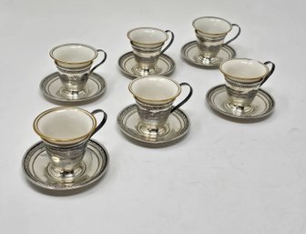 Set Of Six Demitasse Cups With Sterling Holders And Saucers