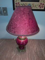 Vintage Red Converted Oil Lantern Table Lamp With Heavy Brass Decoration And Matching Shade - Works