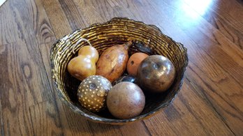 Golden Glass Bowl Of Faux Fruit