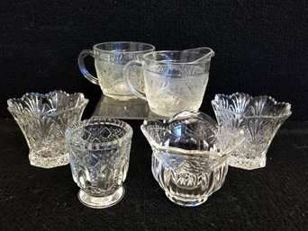 Vintage Brilliant Cut Glass Mini Wide Mouth Vases, Candle Votives & Sugar & Creamer Set