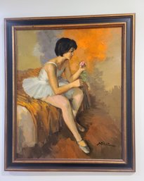 'Vintage Oil Painting Of Ballerina With Rose,  Signed Illegibly
