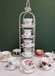 Vintage Lovely White Teacup Display Stand With  12 Bone China Tea Cups & Saucer Sets