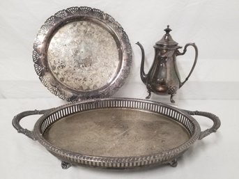 Vintage Round Silverplate Platter With Articulated Edge, Oval Gallery Tray With Handles & Crescent Teapot
