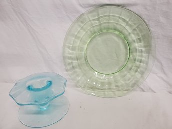 Two Pieces Depression Glass - Aqua Candle Holder & Green Luncheon Plate