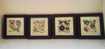 Pretty Set Of Hand Painted On Tile Floral Wall Art-Set Of 4