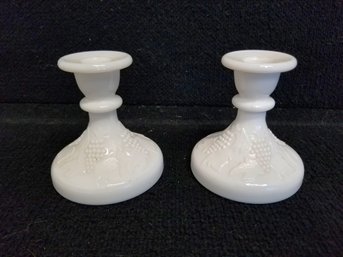 Lovely Pair Of Westmoreland White Milk Glass Grapevine Motif Candle Holders