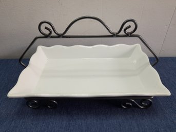 White Ceramic Platter With Iron Tray Stand