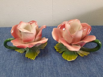 Pair Of Ceramic Flowers Made In Italy