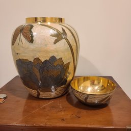Ceramic Ginger Jar Vase And Small Bowl With Asian Butterfly Motif