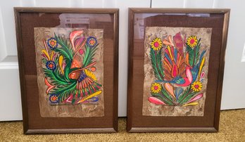 2 Mexican Folk Art Hand Painted Amate Bark Painting Birds Flowers Framed