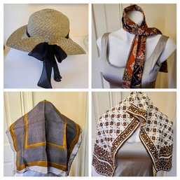 Tahari Summer Hat With Grouping Of Three Vintage Silk Scarves