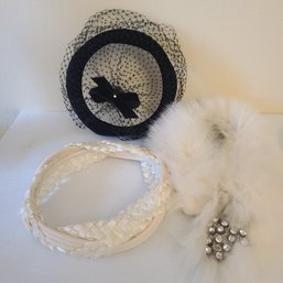 Vintage 1950's Style Accessories: Black Veiled Hat, Braided Headband And White Wrap