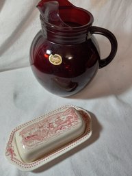 Vintage Ruby Red Pitcher / Covered Butter Dish