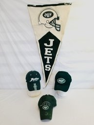 Set Of Three NFL New York Jets Adjustable Hats & Vintage  Jets Banner