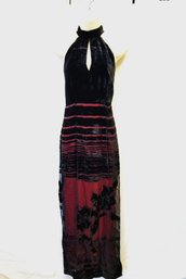 JOSEPH RIBKOFF Long Sheath Black Velvet & Floral Mesh Halter Dress Size 8