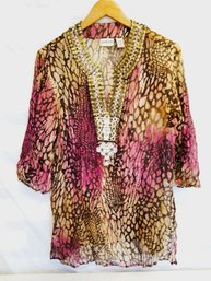 Women's Colorful CHICO'S Crinkle Silk Chiffon Boho Embellished Top Size 1
