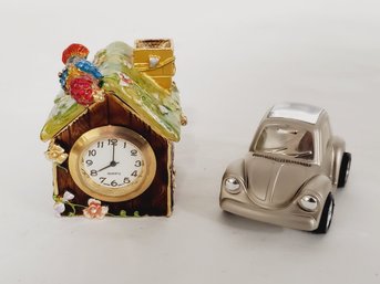 Two Miniature Figural Clocks - Elgin VW Car Clock & Enameled Trinket Box Clock