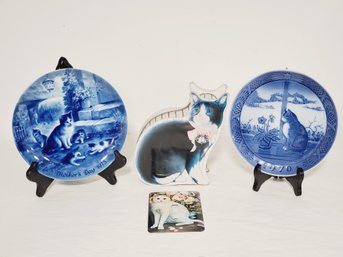 Cute Cat Themed Decorative Items - Collectible Plates, Tin Box & Light Switch Plate