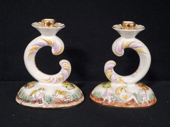 Vintage Pair Of ELPA Alcobaca Portugal Handpainted Porcelain Candle Stick Holders
