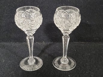 Two Vintage Brilliant Cut Crystal Pinwheel Star Cordial Stemware Glasses