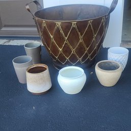 Extra Large Metal Planter Or Decor With 6 Small Ceramic Planters