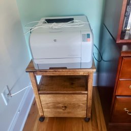 Versatile And Rustic Rolling Side Table With Drawer - And HP Color Laser Jet CP 1215 Printer