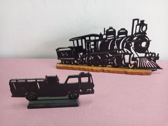 Wood Silhouette Train And Fire Truck Decor