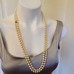 Stunning  Pearl Necklace 14KT Clasp And 28' Double Strand Of 6mm High Quality From Hong Kong  Exc. Cond.